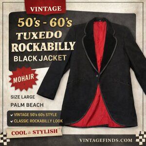 Vintage 50's 60's Tuxedo Rockabilly Black Jacket Mohair Black L Palm Beach
